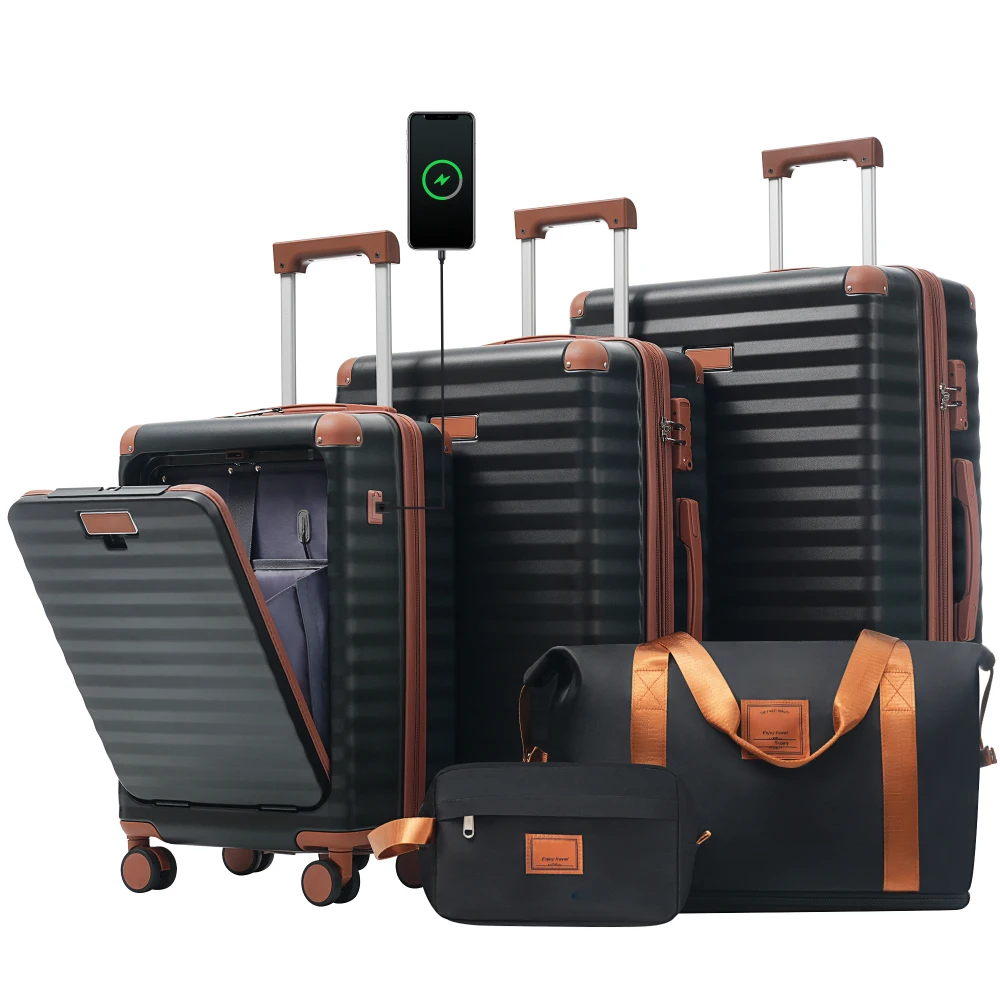 Toiletry Bag Tsa - 5点セットの荷物セット（フロントオープン式）、拡張可能なハードサイドキャリーオンスーツケース（スピナーホイール、TSAロック、USBポート、カップホルダー付き）、ダッフルバッグ、トイレタリーバッグ