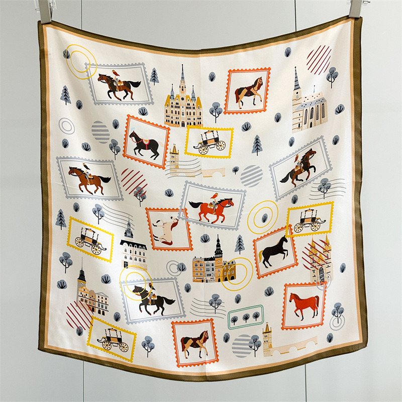 Travel Accessories Gifts - 100% マルベリーシルク 65X65cm ヴィンテージスタンプ馬術城スクエアスカーフクリームベースオリーブトリムバンダナ女性オフィス旅行ギフト