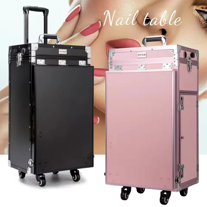 Travel Accessories For Train - 折りたたみ式ローリングマニキュアテーブルメイクアップトレインケース（4つの引き出し付き）、ミラーとスピーカー付きトラベルネイルテーブルオーガナイザー