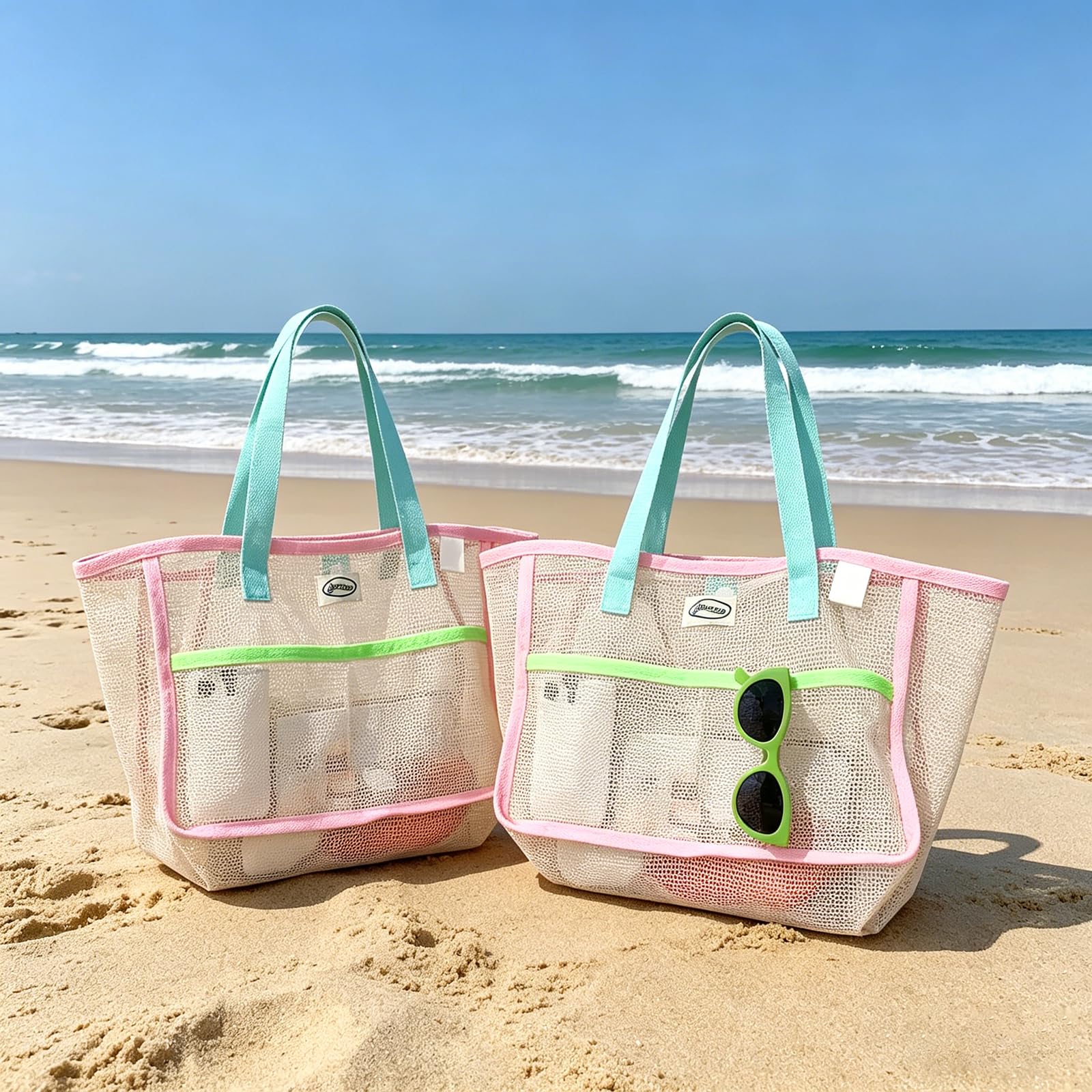 Travel Accessories Bag - 女性用ビーチバッグ カラフルな折りたたみ式ネットサンドトートバッグ 旅行用プール収納ポケット ビーチアクセサリー用