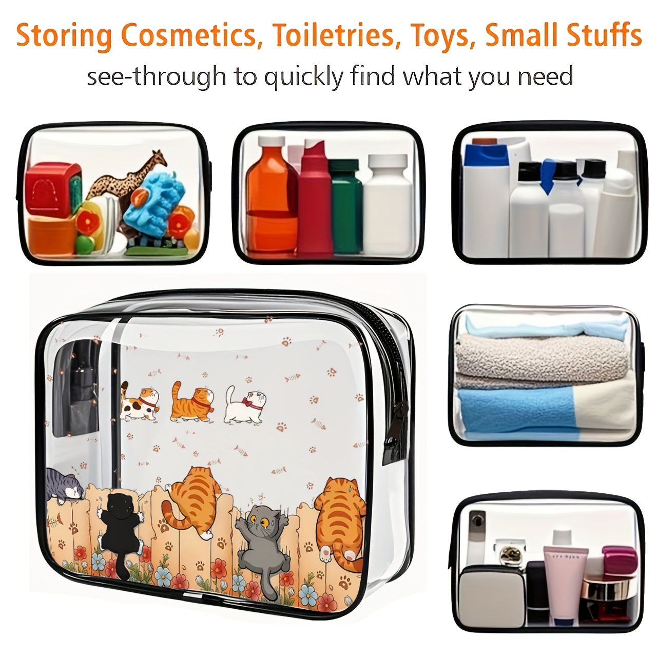 透明PVC漫画猫柄プレイヤードメイクアップバッグ＆ポータブル - Toiletry Bag Tsa のレビューと価格